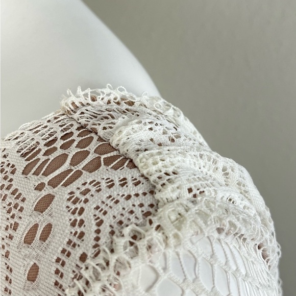 NAKED WARDROBE Crochet Lace Cowl Back Mini Dress Boho 70s Coquette Prairie Bride - Picture 7 of 16